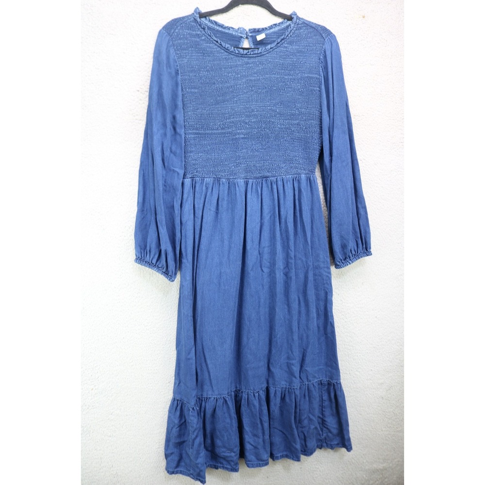 Old Navy Blue Chambray Long Puff Sleeves Smocked Maxi Dress-Medium